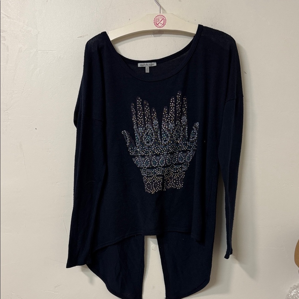 Charlotte Russe Blue Long Sleeve Top with Glitter Hand Design Y2K